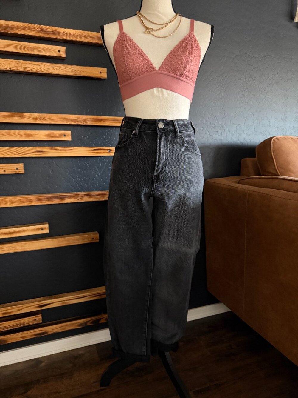 Risen Two-Tone Black Straight Leg Cuffed Jeans